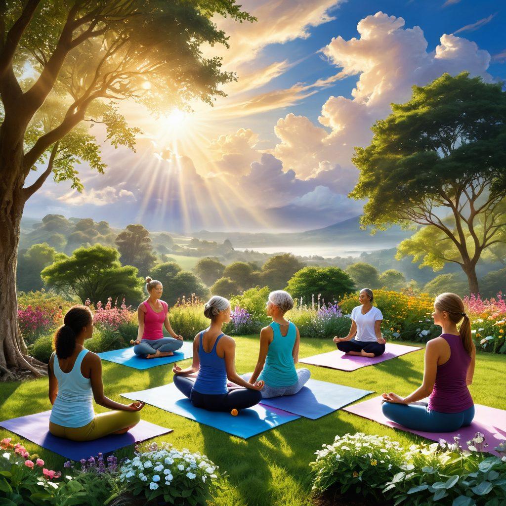 A serene landscape depicting a diverse group of cancer survivors engaging in uplifting activities, such as yoga, painting, and gardening, each symbolizing resilience and hope. The scene is infused with warm sunlight breaking through gentle clouds, casting a golden glow over lush greenery. Inspirational quotes about strength and wellness are subtly woven into the background. vibrant colors. super-realistic.