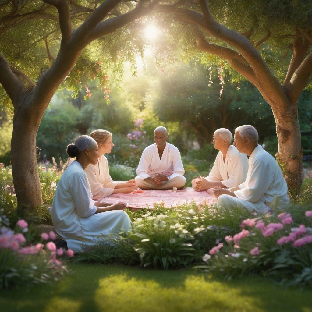 A comforting and serene scene depicting a diverse group of individuals (different ages and ethnicities) sharing a moment of support in a lush garden, surrounded by symbols of hope like ribbons and flowers. Soft light filters through the trees, creating a warm atmosphere. In the background, subtle hints of research papers and holistic symbols can be seen, emphasizing the theme of care and support in the cancer journey. super-realistic. vibrant colors. peaceful ambiance.