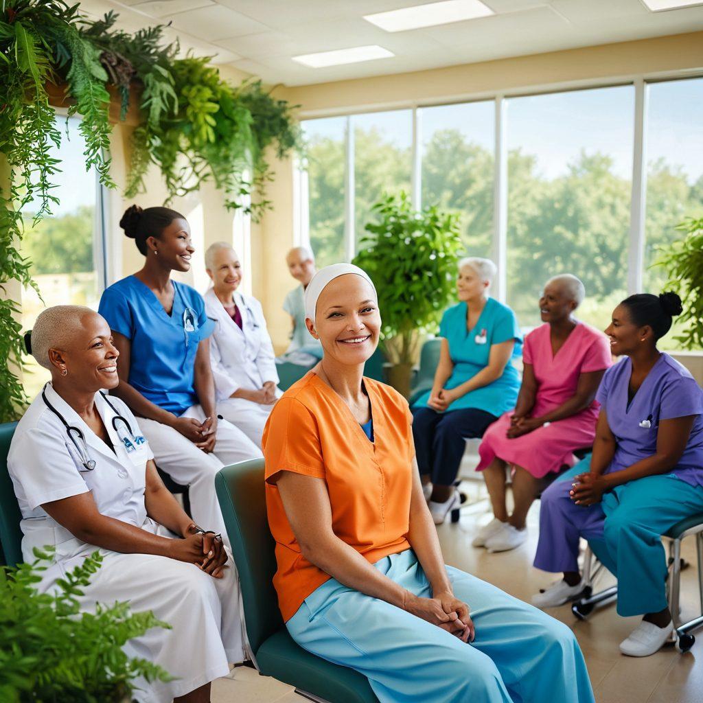 A hopeful depiction of a cancer survivor embracing life with vibrant colors. Show a diverse group of patients receiving treatment in a modern, sunny clinic filled with greenery, celebrating their stories of resilience. Infuse the scene with elements representing advanced medical technology and support groups, symbolizing transformation and renewal. Artistic style: super-realistic, vibrant colors, soft focus.